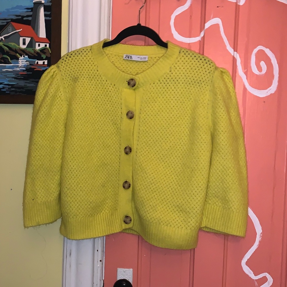 Bright Yellow Cardigan with Puffy Shoulders